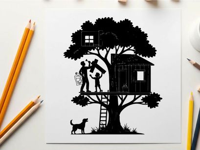 Silhouette of family in treehouse with dog and construction