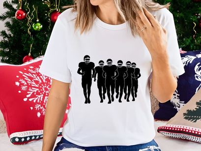 American football players in motion running together in unison