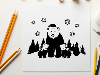 A polar bear family silhouette in winter wonderland scene