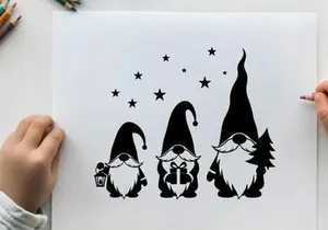 Three gnomes silhouette under starry night sky