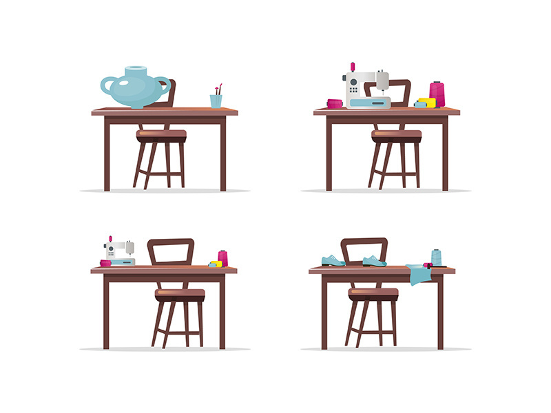 Craft work tables flat color vector objects set