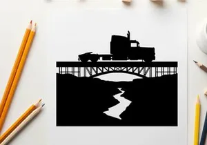 Truck crossing bridge in silhouette against white background