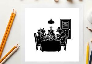 Silhouette of men in suits and hats at a formal dinner meeting
