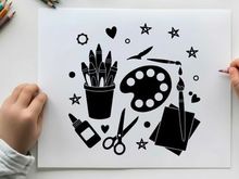 Art supplies silhouette with stars and hearts