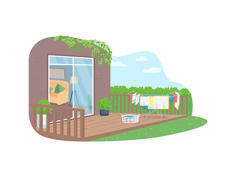 Drying laundry in back yard 2D vector web banner, poster