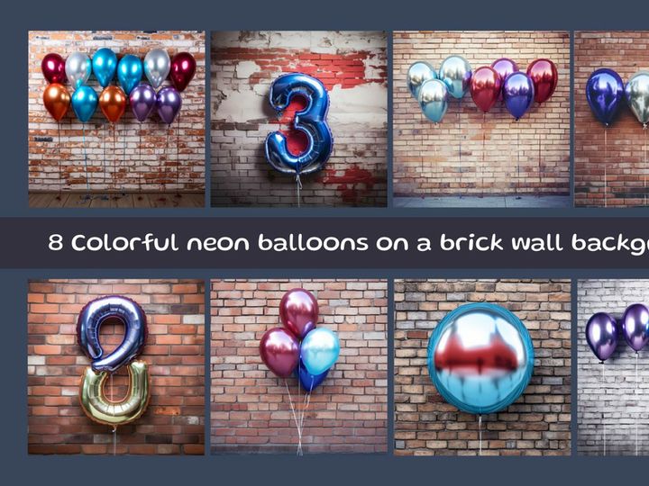 Colorful neon balloons on a brick wall background