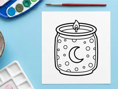 Candle in a jar coloring page. Cute moon and stars illustration for kids activity.