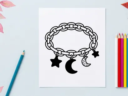 Ilustrasi gelang pesona surgawi. Ikon perhiasan bulan dan bintang pada rantai.