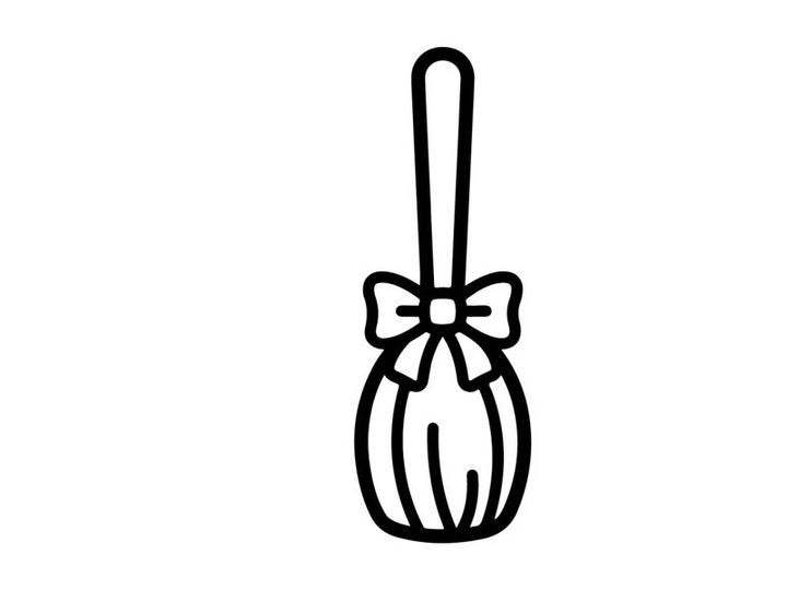 Halloween witch broom icon. Minimalist magic broomstick symbol with a decorative bow.