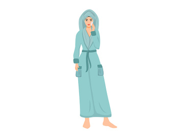 Woman in bathrobe using face toner flat color vector faceless character preview picture