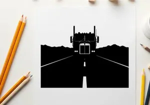 Silhouette of a semi truck driving on a deserted highway at night