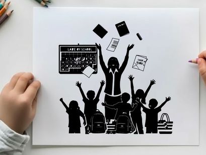 Silhouette of teacher and students celebrating last day of school