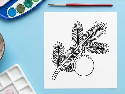 Rama de muérdago navideño dibujado a mano con bayas y ornamento colgante para decoración festiva