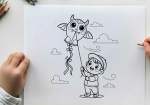 Child flying owl kite outdoor fun vector illustration