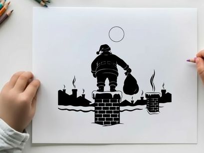 Santa claus silhouette on a snowy rooftop with a sack