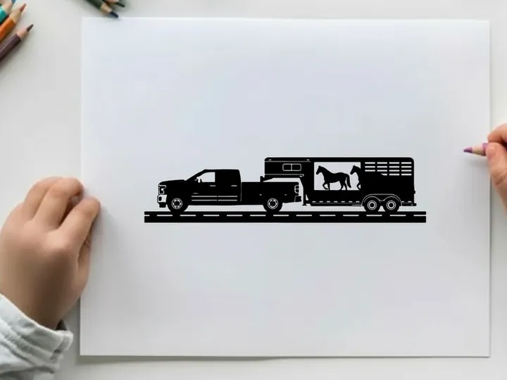 Black silhouette of a pickup truck with horse trailer