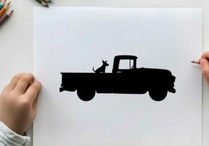 Silhouette of a dog sitting in the back of a vintage pickup truck