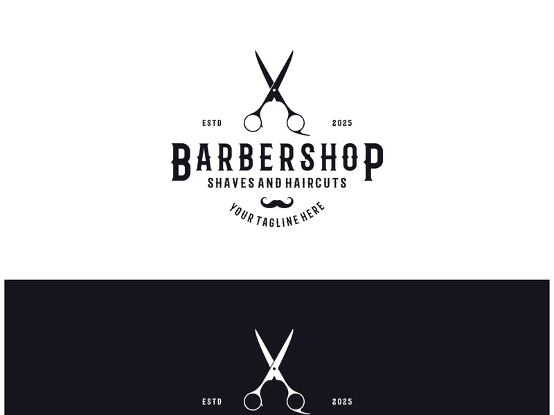 Barbershop logo vintage, retro, haircut, shaving, with scissors, shaving pole, comb, razor. for business, emblems, labels, barber shops, badges.