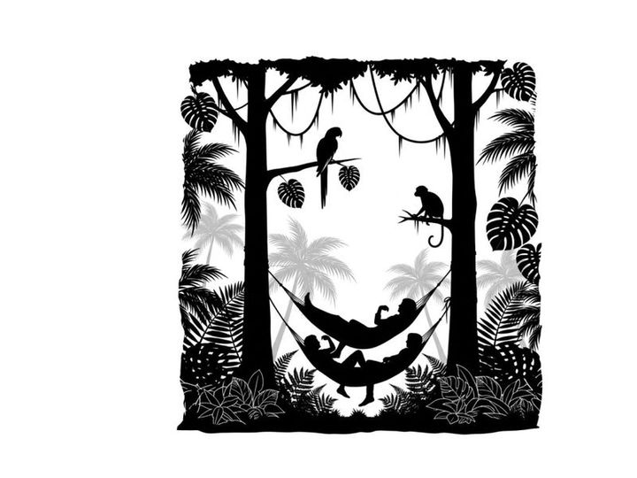 Silhouette of a tropical forest scene with people in a hammock