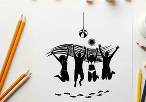 Silhouette of people jumping with disco ball silhouette
