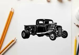 Vintage pickup truck silhouette with chrome accents and large wheels