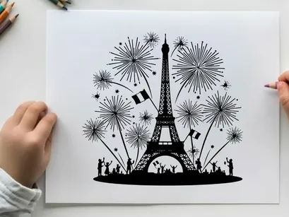 ilustrasi vektor desain datar perayaan kembang api menara eiffel