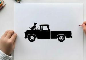 Silhouette of a cat sitting in a vintage pickup truck