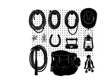 Western cowboy silhouette of ropes hats and saddles