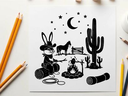 Western bunny silhouette under starry night sky with horse and cactus