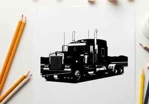 Silhouette of a large truck with a mountain range in the background silhouette