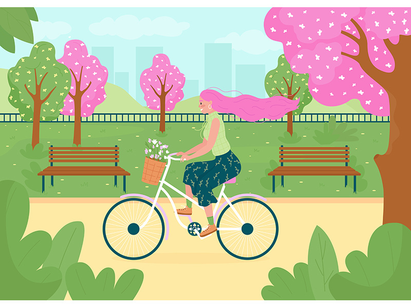 Spring recreational activity flat color vector illustration