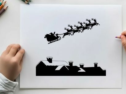 Santa's sleigh ride silhouette under the full moon