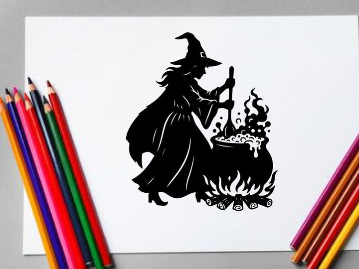 Witch Brewing Potion in Cauldron with Fire and Smoke