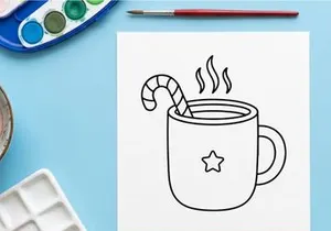 Steaming Christmas coffee mug with candy cane stirrer and festive star design on white background