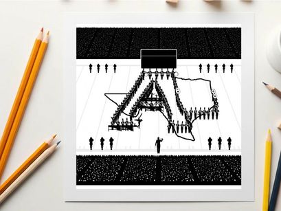 Silhouette of people forming a large letter a with a conductor