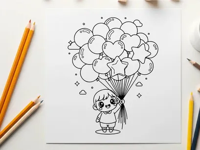 Child holding heart balloon cluster vector illustration
