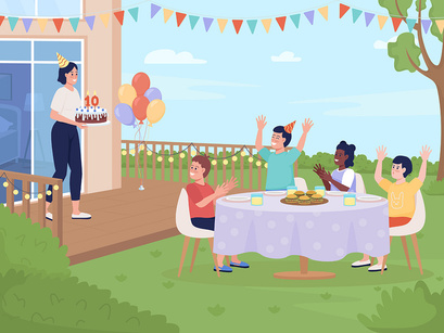 Outdoor party flat color vector illustration set