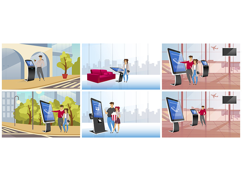 Modern self service kiosks flat color vector illustrations set