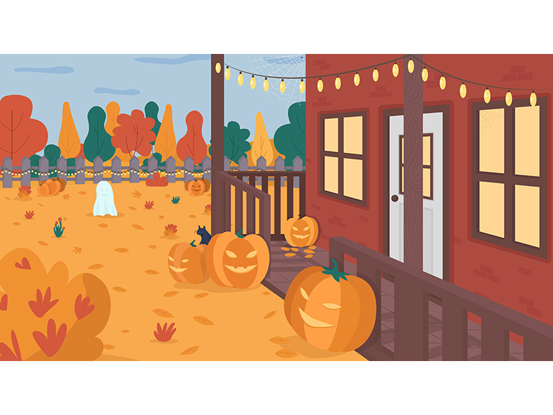 Halloween decorated yard flat color vector illustration