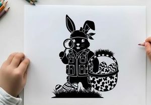 Easter bunny silhouette with magnifying glass and basket