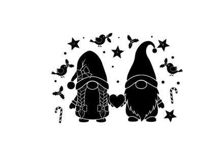Black silhouette of two gnomes with birds stars and heart