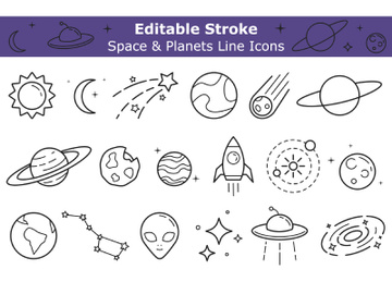Space objects line icons set with editable stroke preview picture