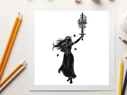 Silhouette of a woman holding a sword with flowers and butterflies