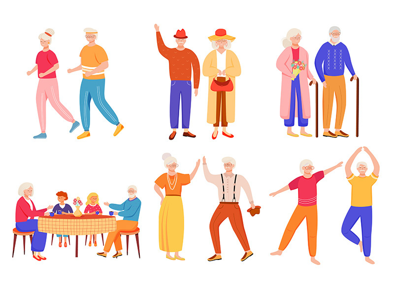 Retired people flat vector illustrations set