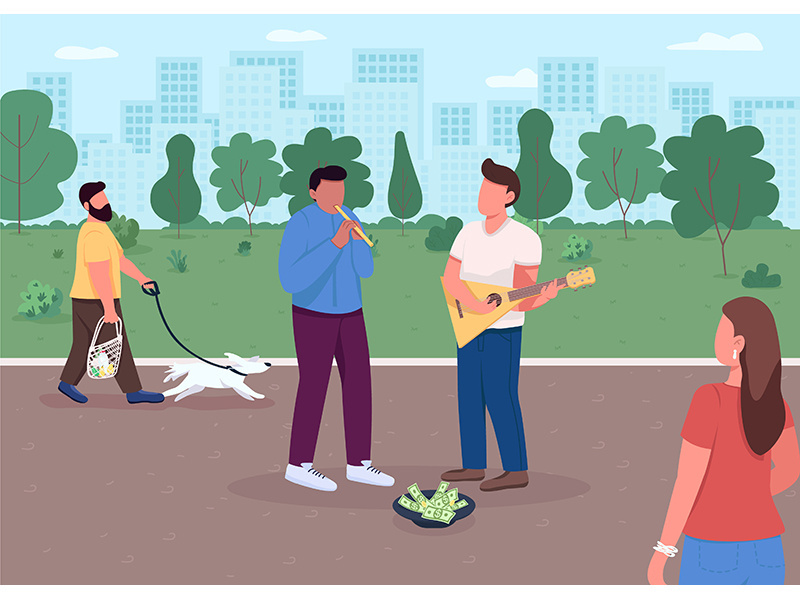 Street music playing flat color vector illustration