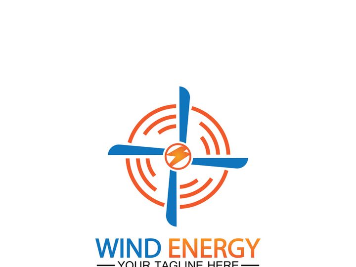 Wind energy logo. renewable energy icon with wind turbines and thunder bolt isolated on white background
