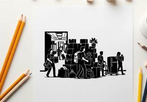 Silhouette of people moving boxes and furniture into a new home