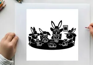Silhouette of rabbits in hats playing poker with chips and cards