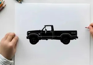 Silhouette of a classic pickup truck with a long bed and two doors