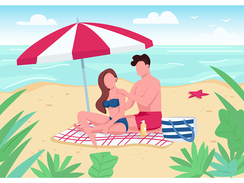 Couple applying sunblock lotion on beach flat color vector illustration